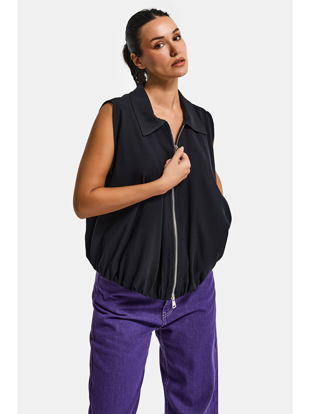 Kadın Siyah Renk s6-1 Balon Kesim Fermuarlı Bol Kesim Kumaş Yelek-3