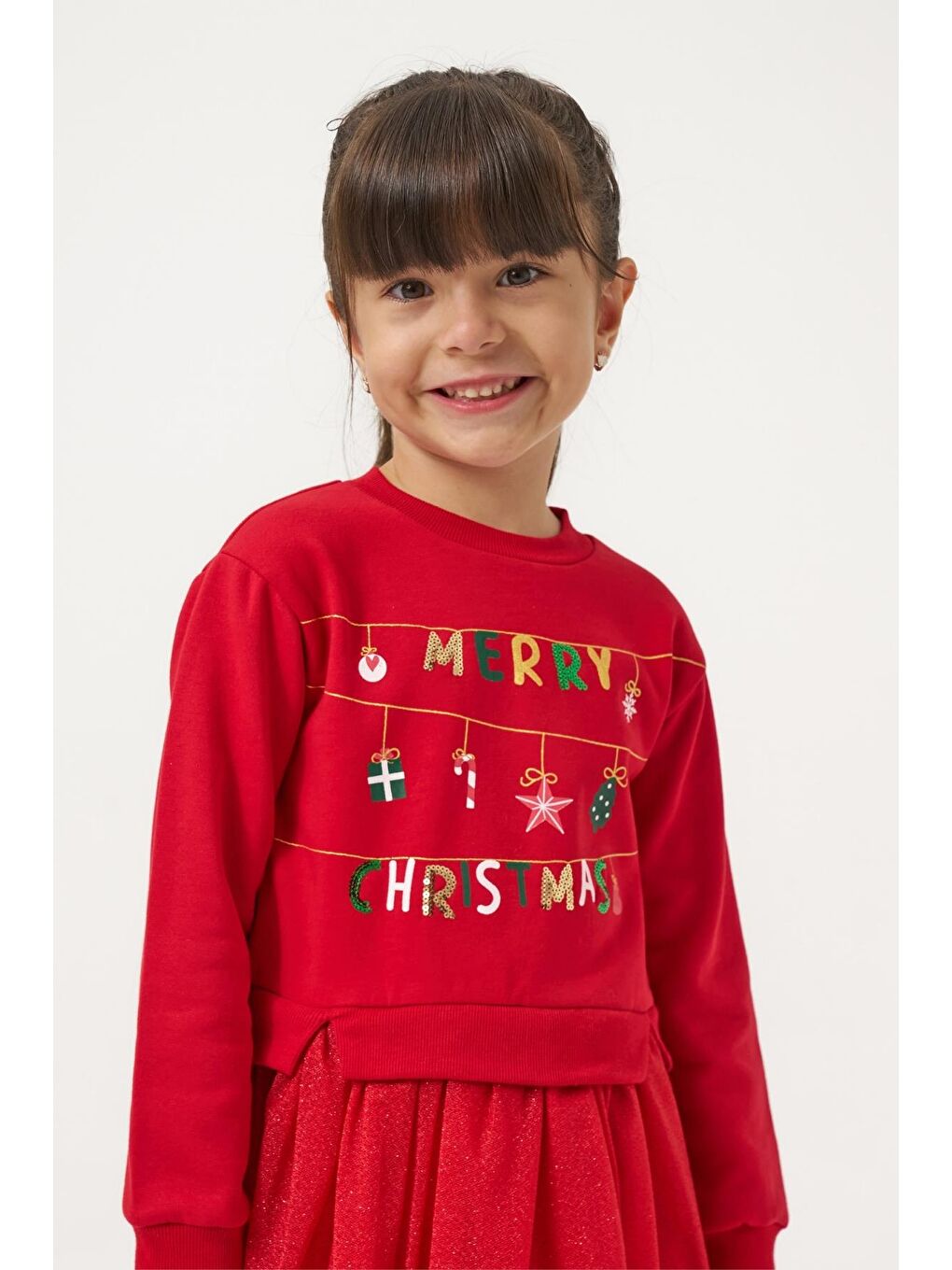 Kız Çocuk Pamuklu Kırmızı Yeni Yıl Temalı Tüllü Elbise-3