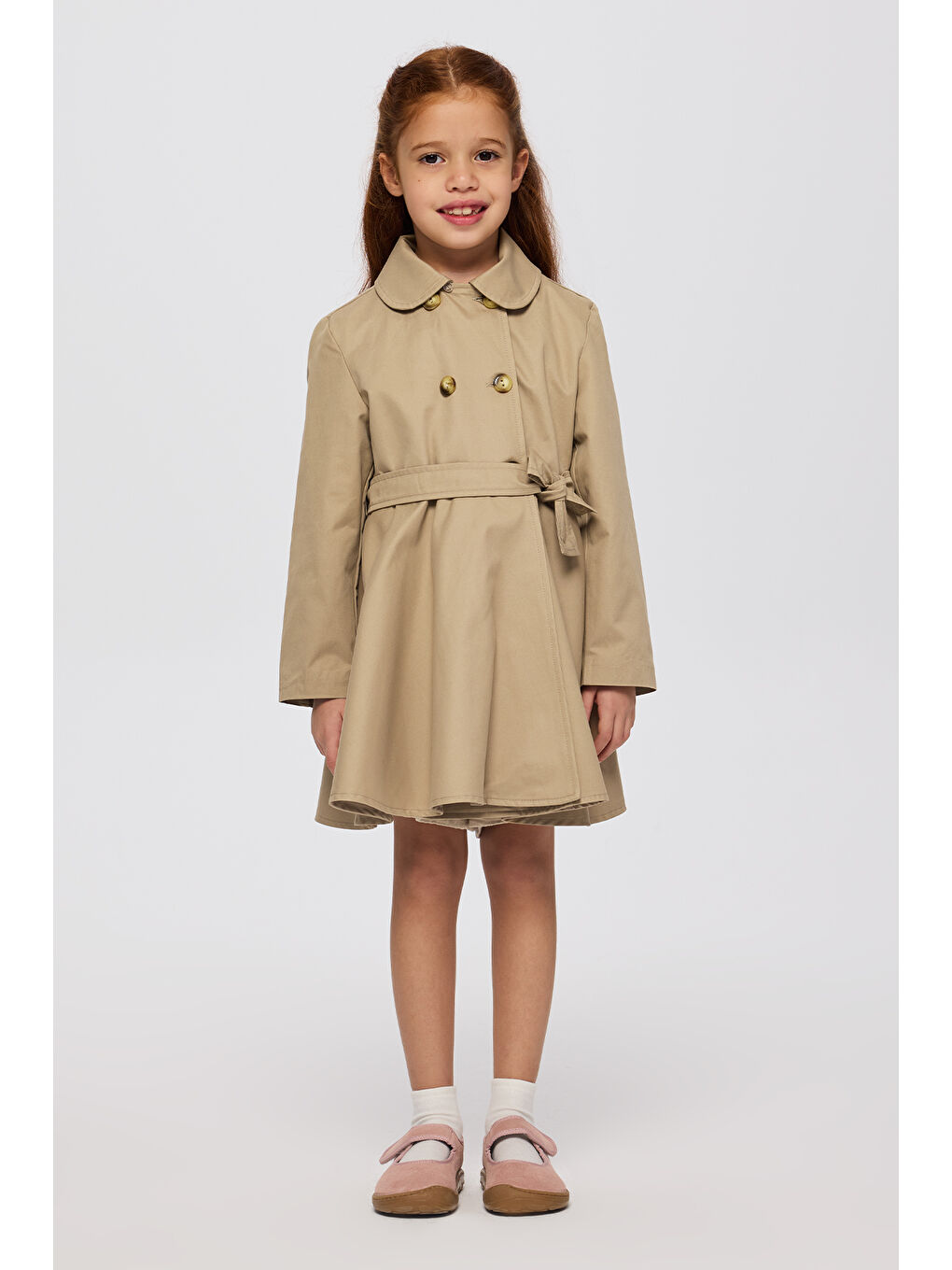Kız Çocuk Düğmeli Bej Trençkot-9