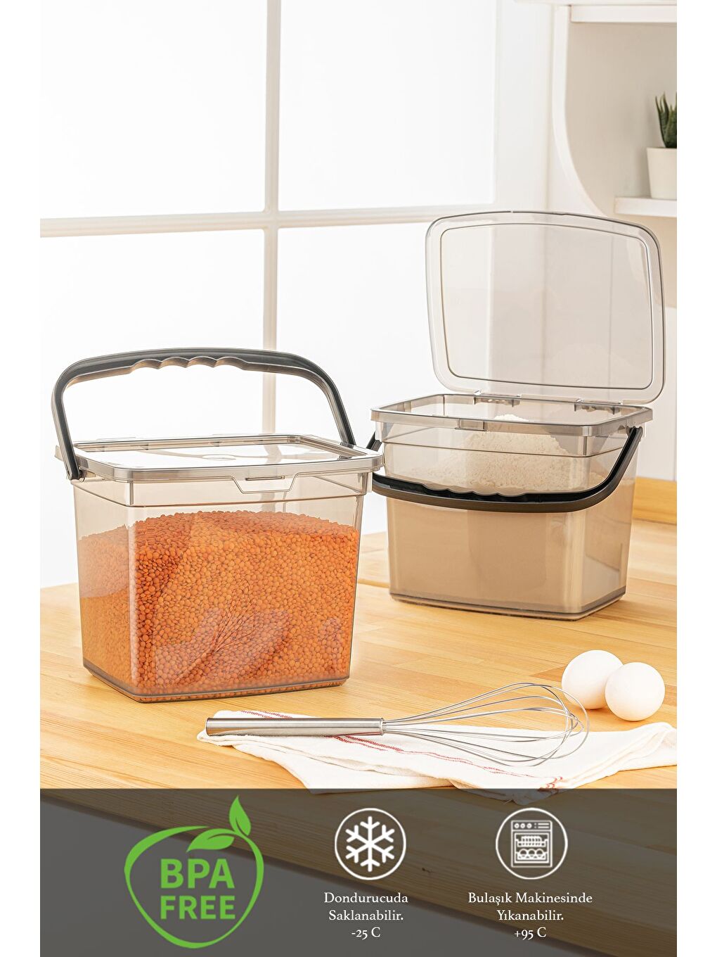 Gri 4 Parça Deterjan   Un ve Bakliyat Saklama Kabı Erzak Saklama Kutusu Platin 4 x 4 Lt-1