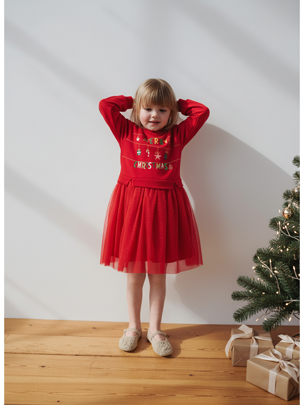 Kız Çocuk Pamuklu Kırmızı Yeni Yıl Temalı Tüllü Elbise-4