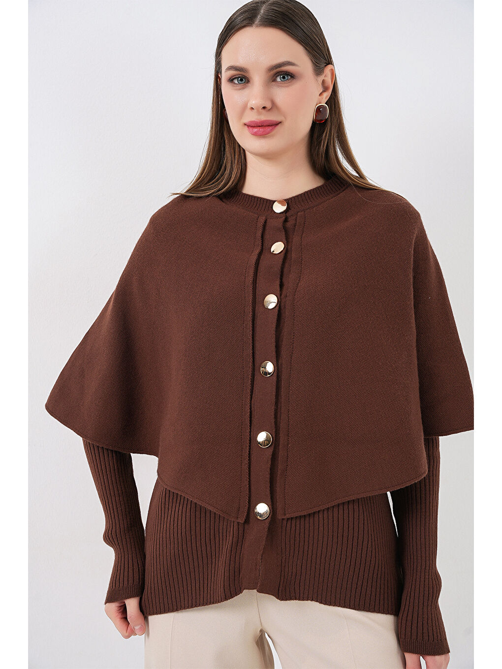 Kadın Pelerinli Triko Hırka 15967 - Kahverengi-4