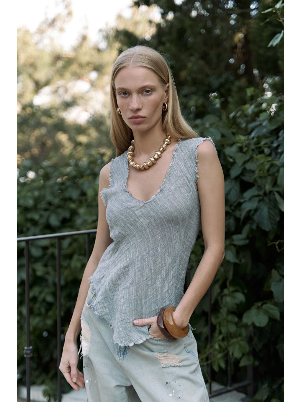 Gri Veilinas Asimetrik Füme Keten Crop-4