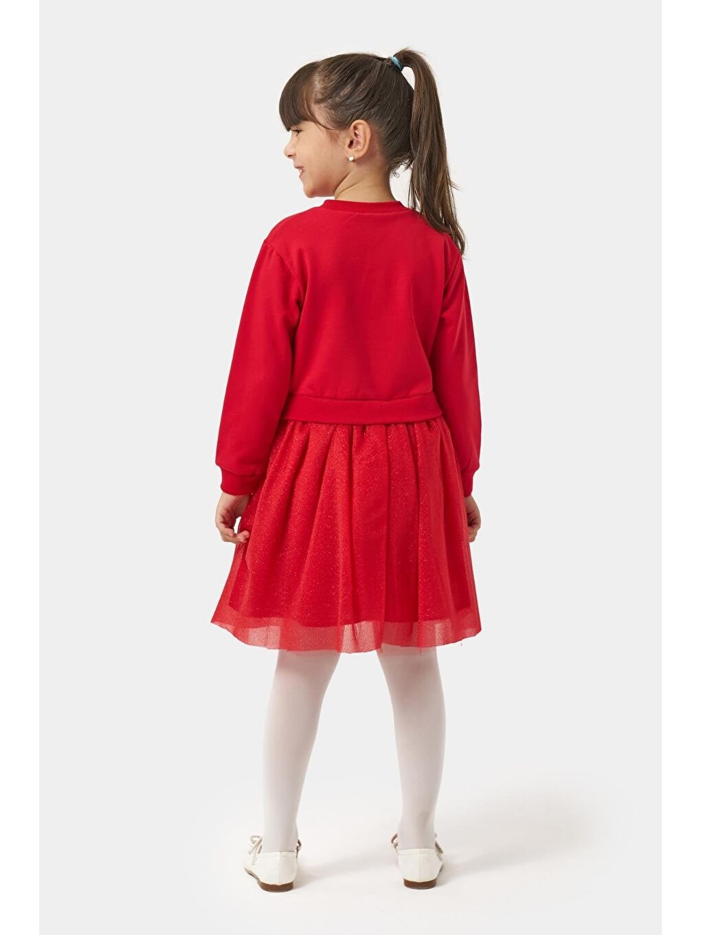 Kız Çocuk Pamuklu Kırmızı Yeni Yıl Temalı Tüllü Elbise-5