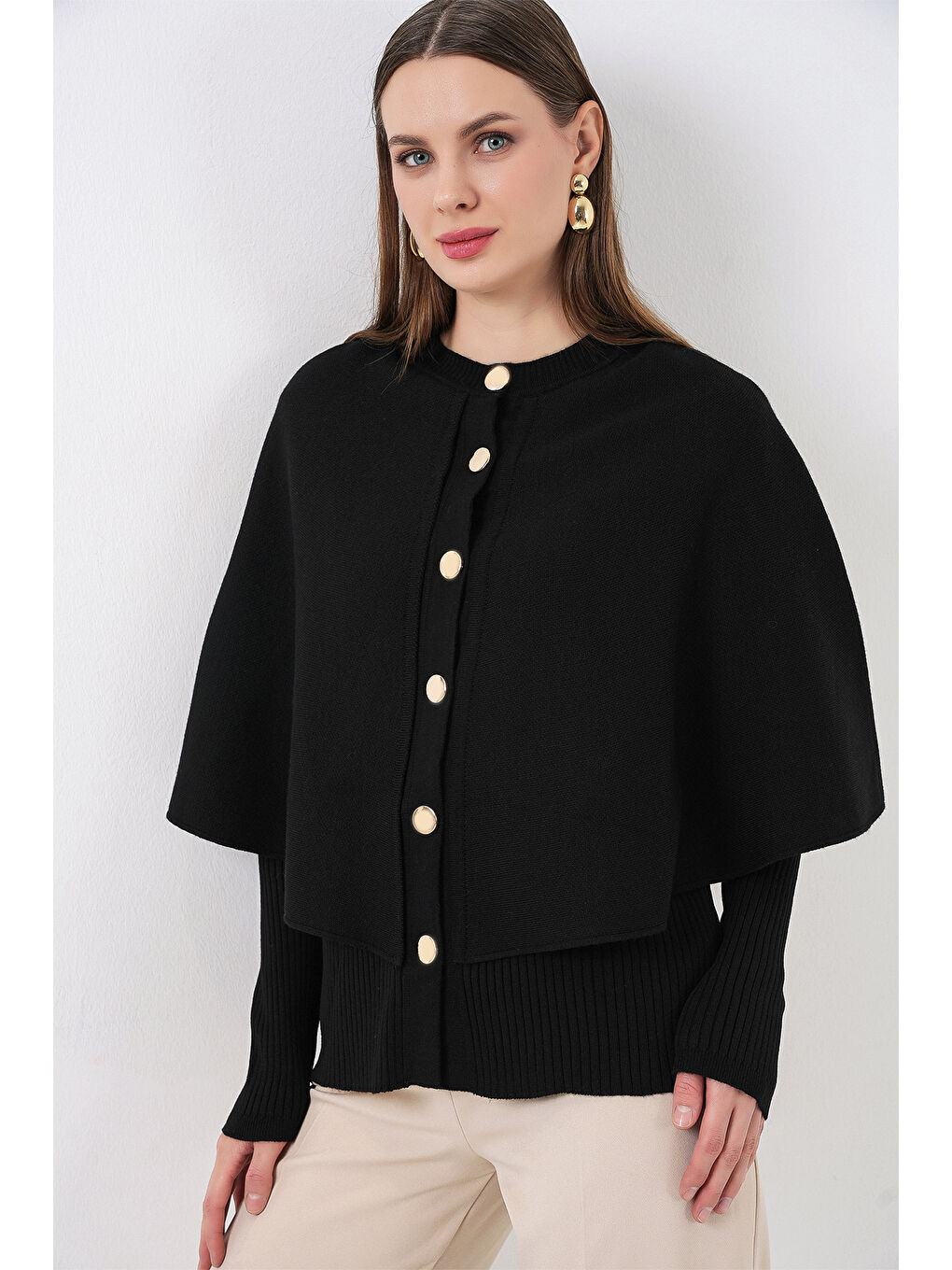 Kadın Pelerinli Triko Hırka 15967 - Siyah-2