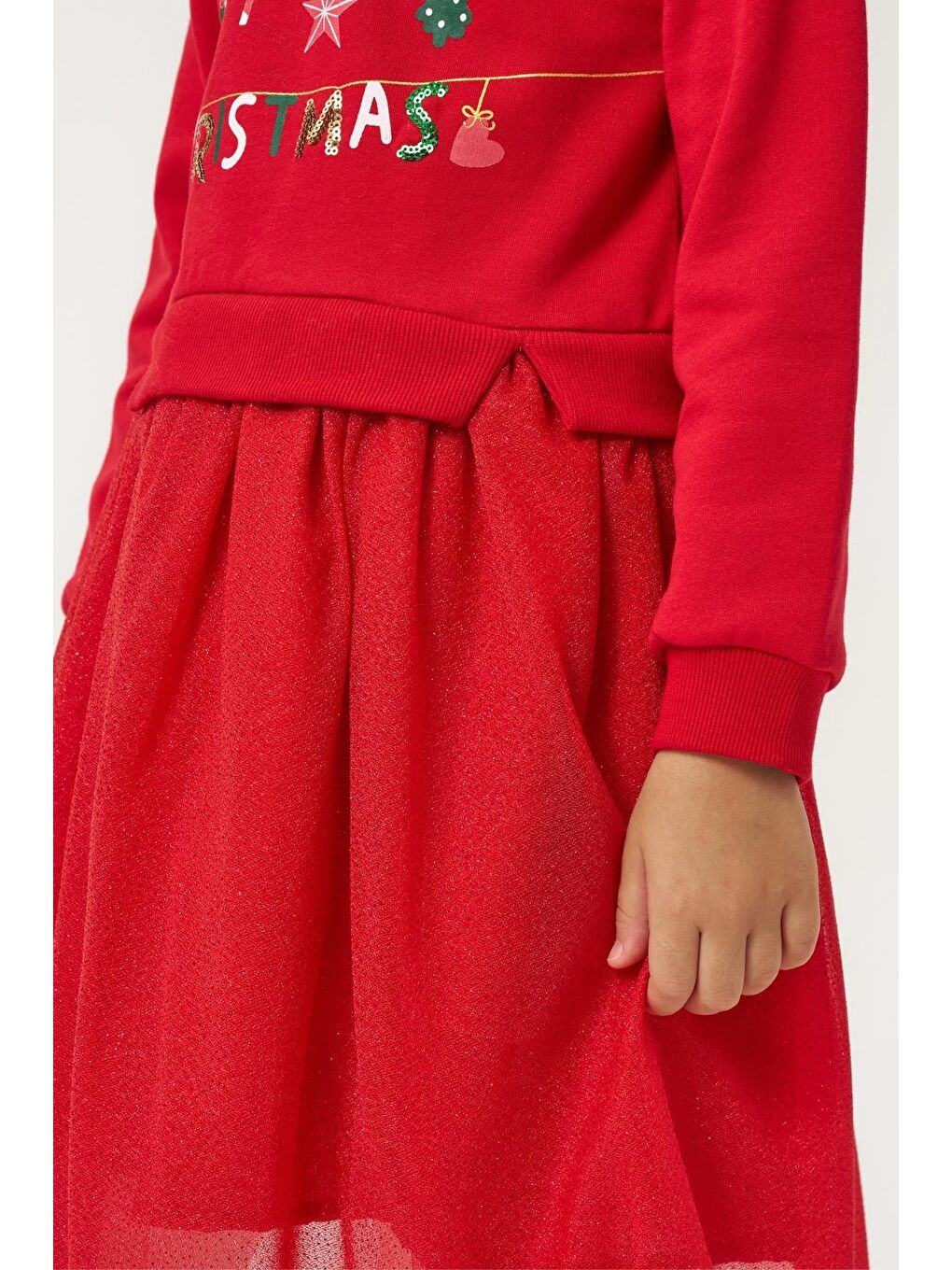 Kız Çocuk Pamuklu Kırmızı Yeni Yıl Temalı Tüllü Elbise-6