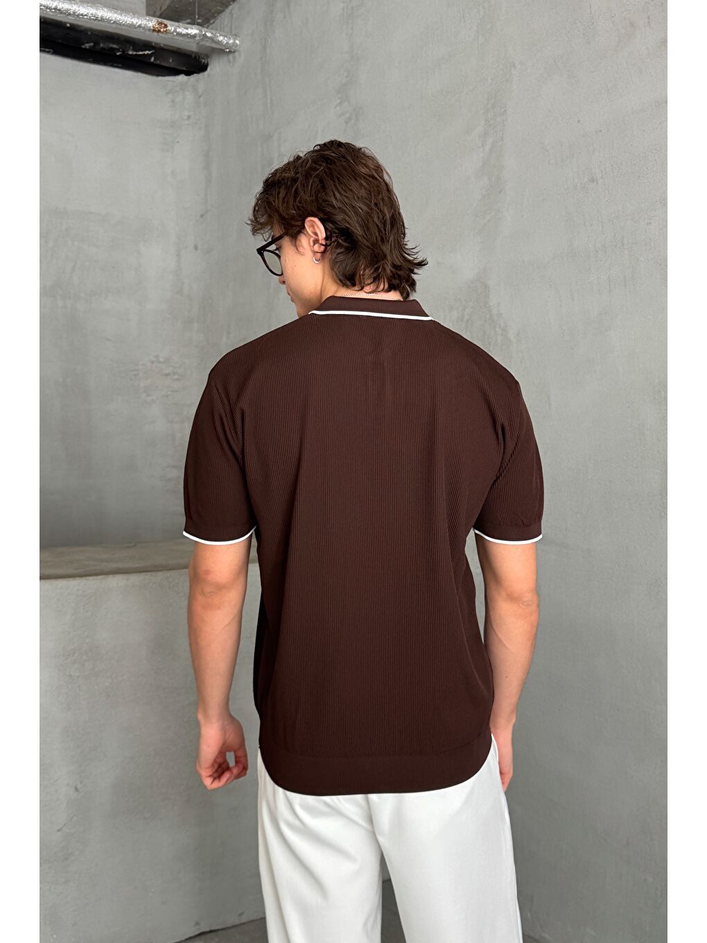 Kahverengi Erkek Oversize Selanik Polo Yaka Triko T-Shirt-4