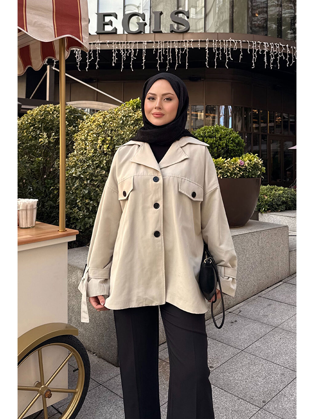 Bej Kadın Kruvaze Yaka Trenç Taş-2