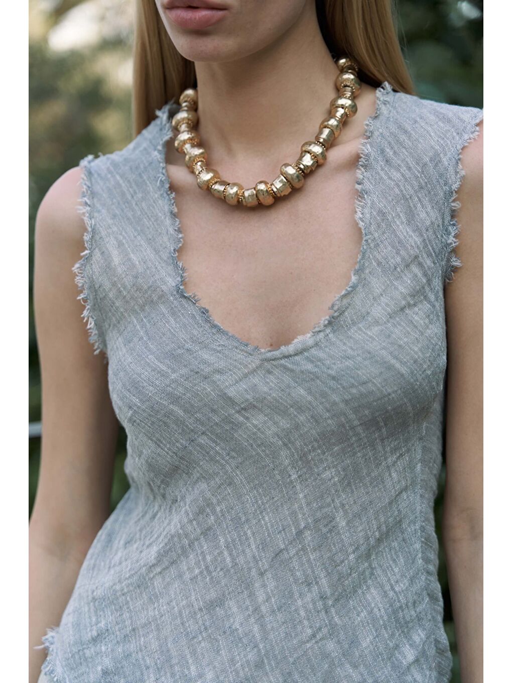 Gri Veilinas Asimetrik Füme Keten Crop-5