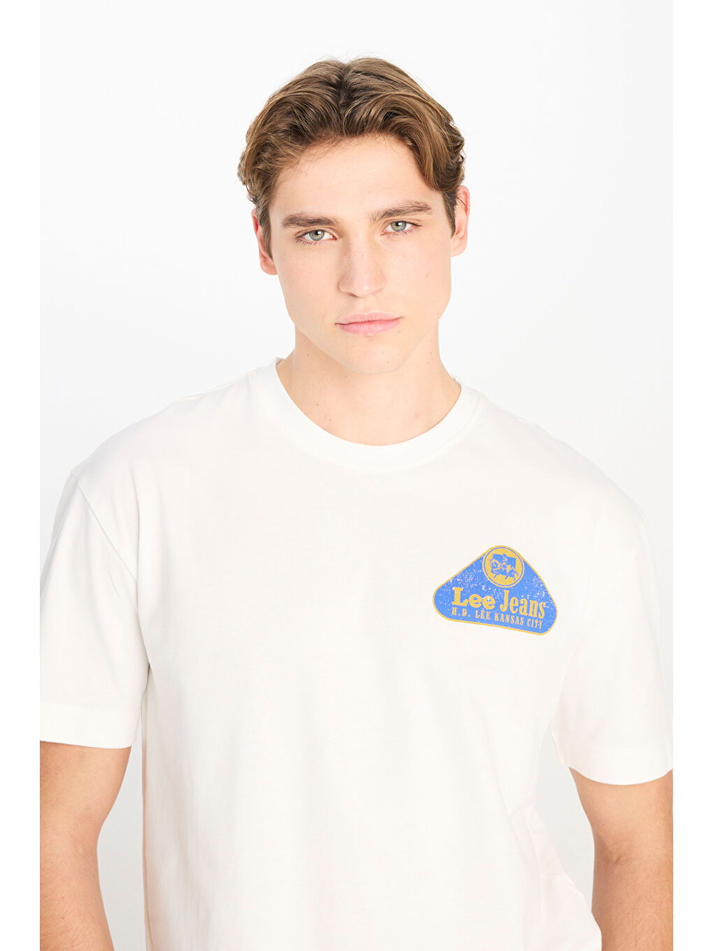 %100 Pamuk Relaxed Fit Geniş Bisiklet Yaka Baskılı Ekru Tişört-3