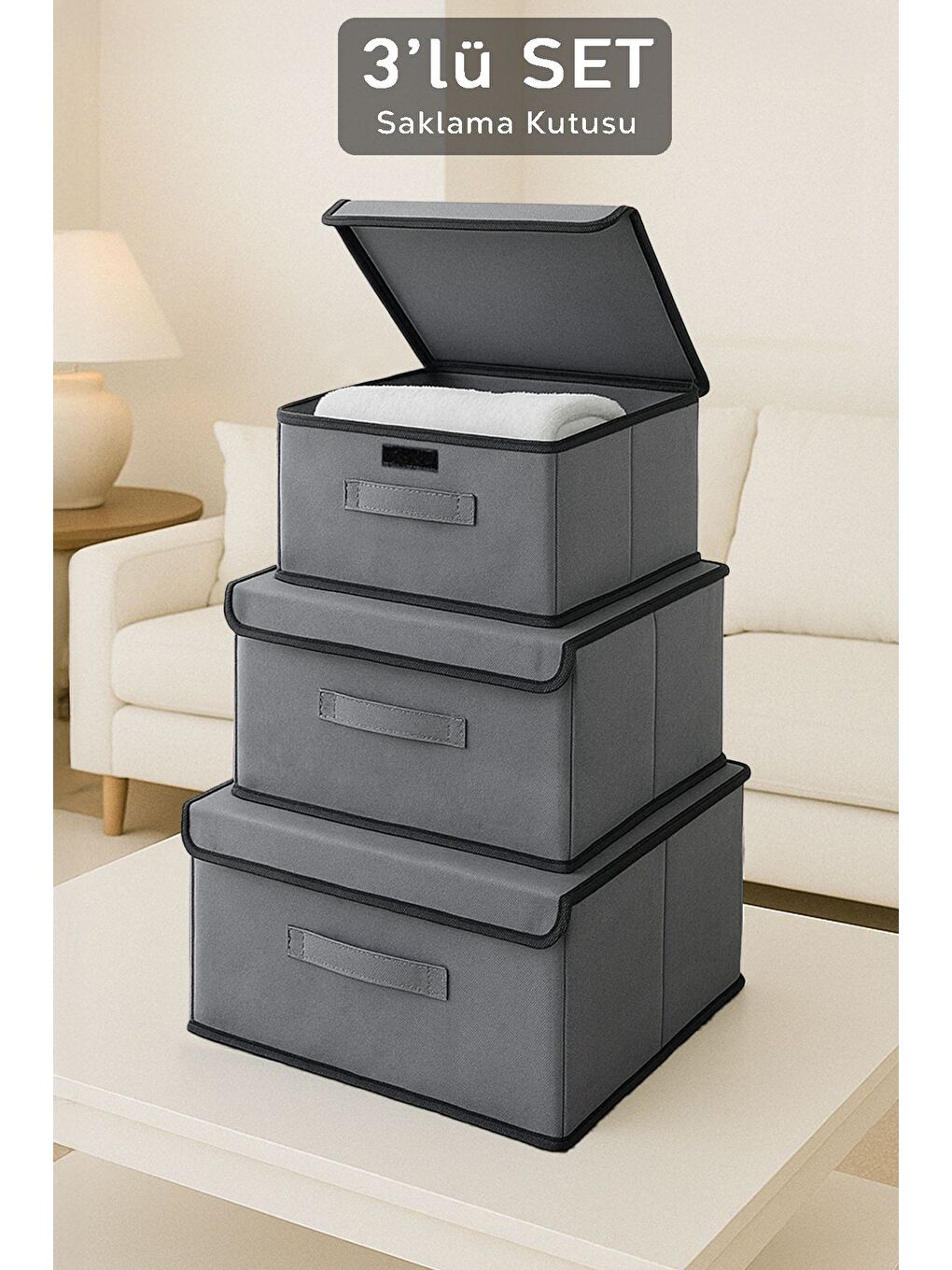 3 lü Kapaklı Saklama Kutusu Seti   Çok Amaçlı Dolap İçi Organizer Çamaşır Oyuncak Düzenleyici Gri