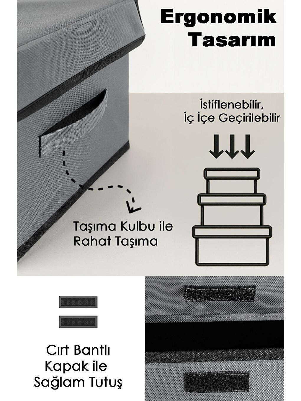 3 lü Kapaklı Saklama Kutusu Seti   Çok Amaçlı Dolap İçi Organizer Çamaşır Oyuncak Düzenleyici Gri-1