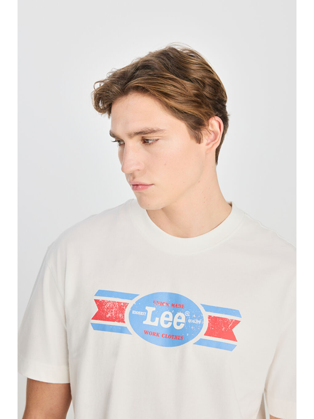 %100 Pamuk Relaxed Fit Geniş Kesim Bisiklet Yaka Baskılı Ekru Tişört-3