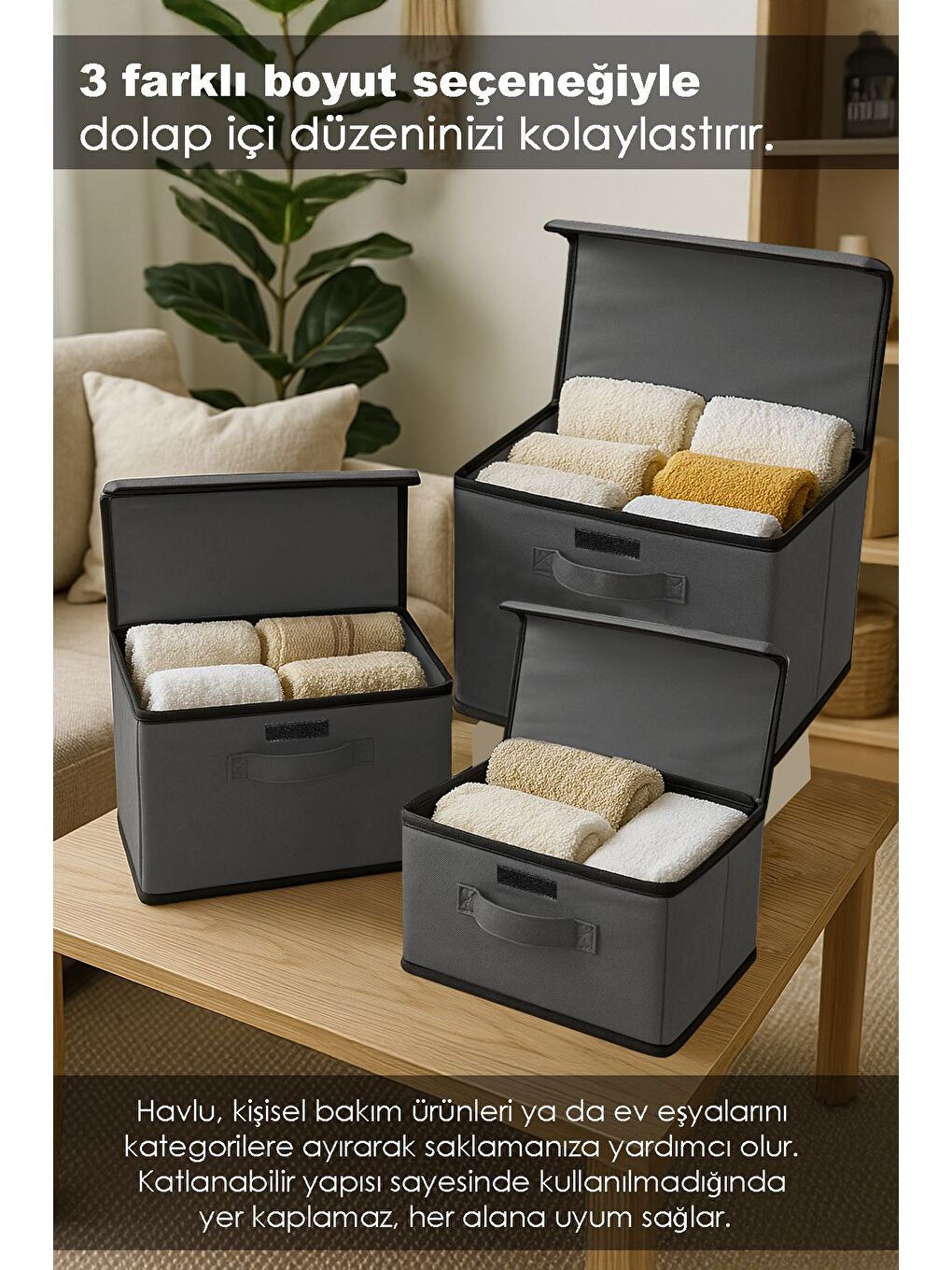 3 lü Kapaklı Saklama Kutusu Seti   Çok Amaçlı Dolap İçi Organizer Çamaşır Oyuncak Düzenleyici Gri-2