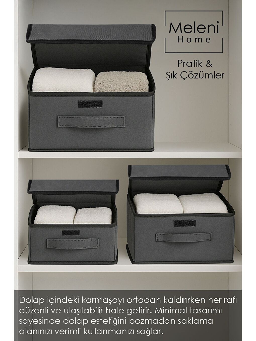 3 lü Kapaklı Saklama Kutusu Seti   Çok Amaçlı Dolap İçi Organizer Çamaşır Oyuncak Düzenleyici Gri-3