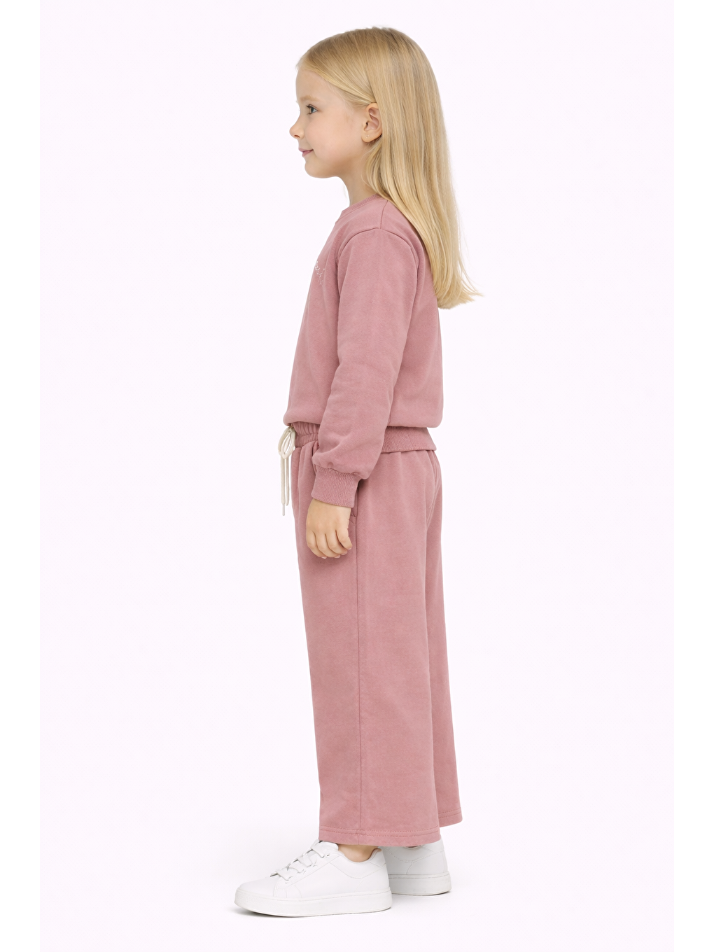 Pembe Bisiklet Yaka Papatya Nakışlı Pudra Renk Kız Çocuk Eşofman Takım-1