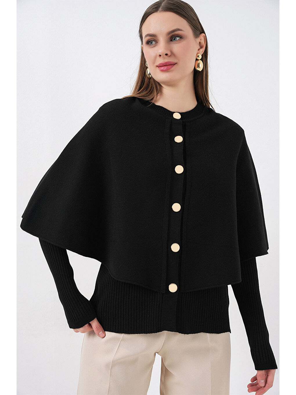 Kadın Pelerinli Triko Hırka 15967 - Siyah-3