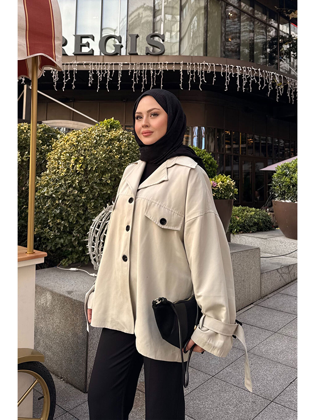 Bej Kadın Kruvaze Yaka Trenç Taş-3