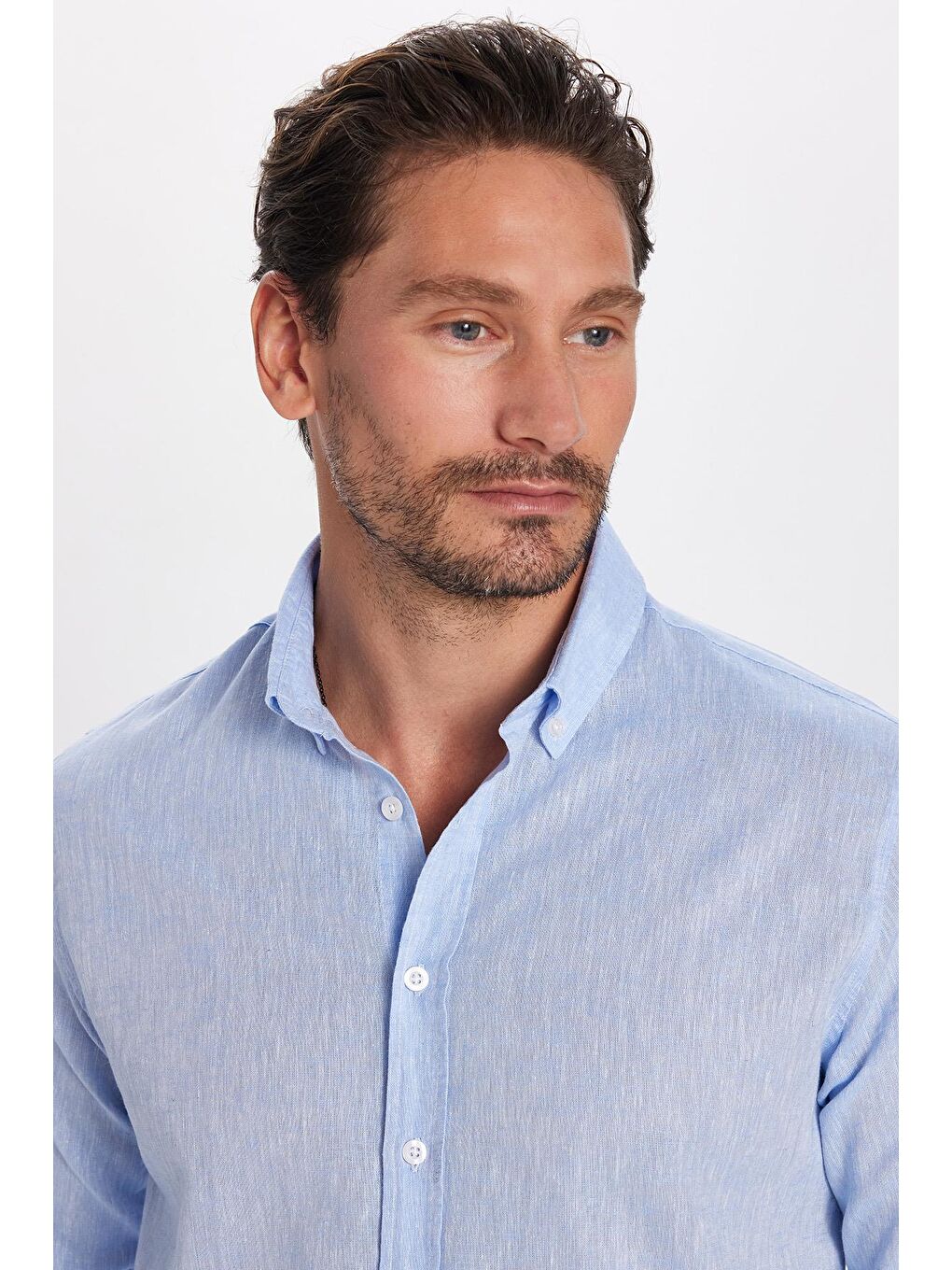 Erkek Slim Fit Dar Kesim Uzun Kollu Keten Premium Seri Düğmeli Yaka Spor Mavi Gömlek-1
