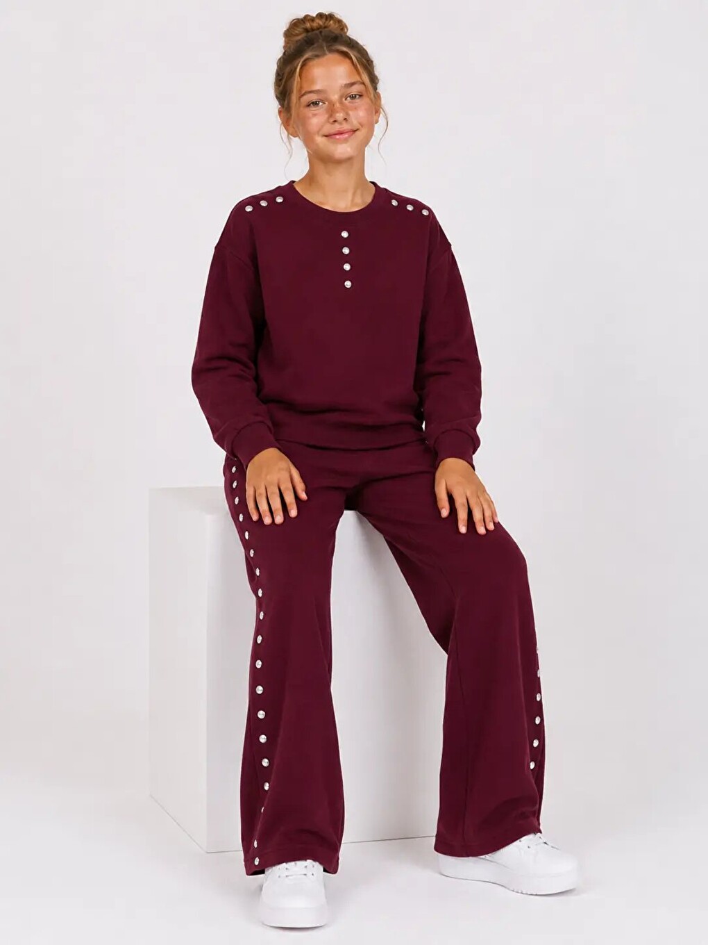 Bordo Zımba Detaylı Bol Paça Kız Çocuk Takım 32470-4