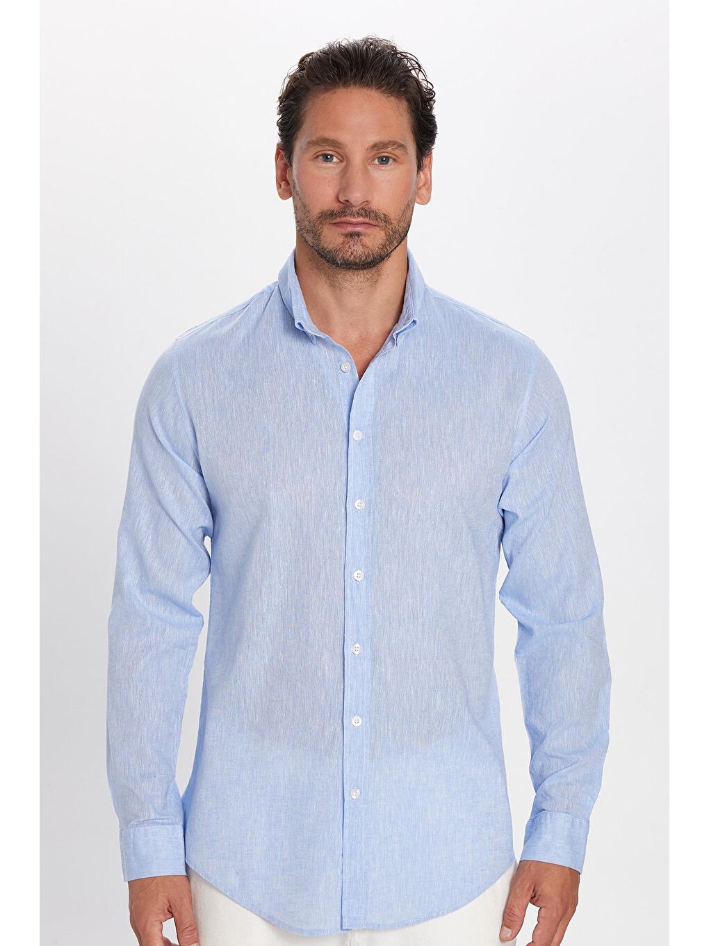 Erkek Slim Fit Dar Kesim Uzun Kollu Keten Premium Seri Düğmeli Yaka Spor Mavi Gömlek-2