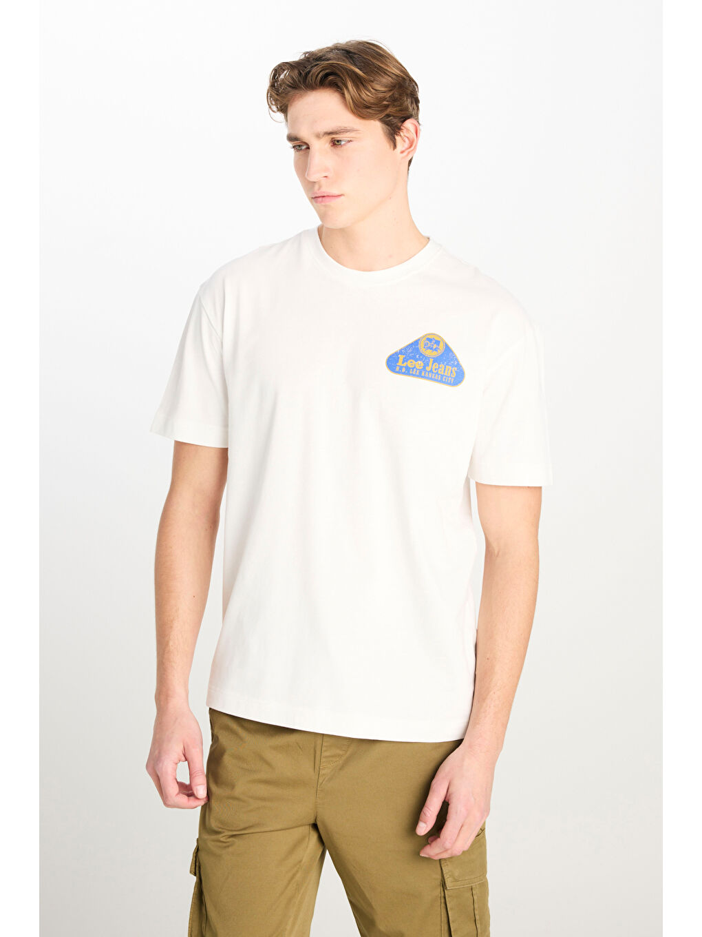 %100 Pamuk Relaxed Fit Geniş Bisiklet Yaka Baskılı Ekru Tişört-4