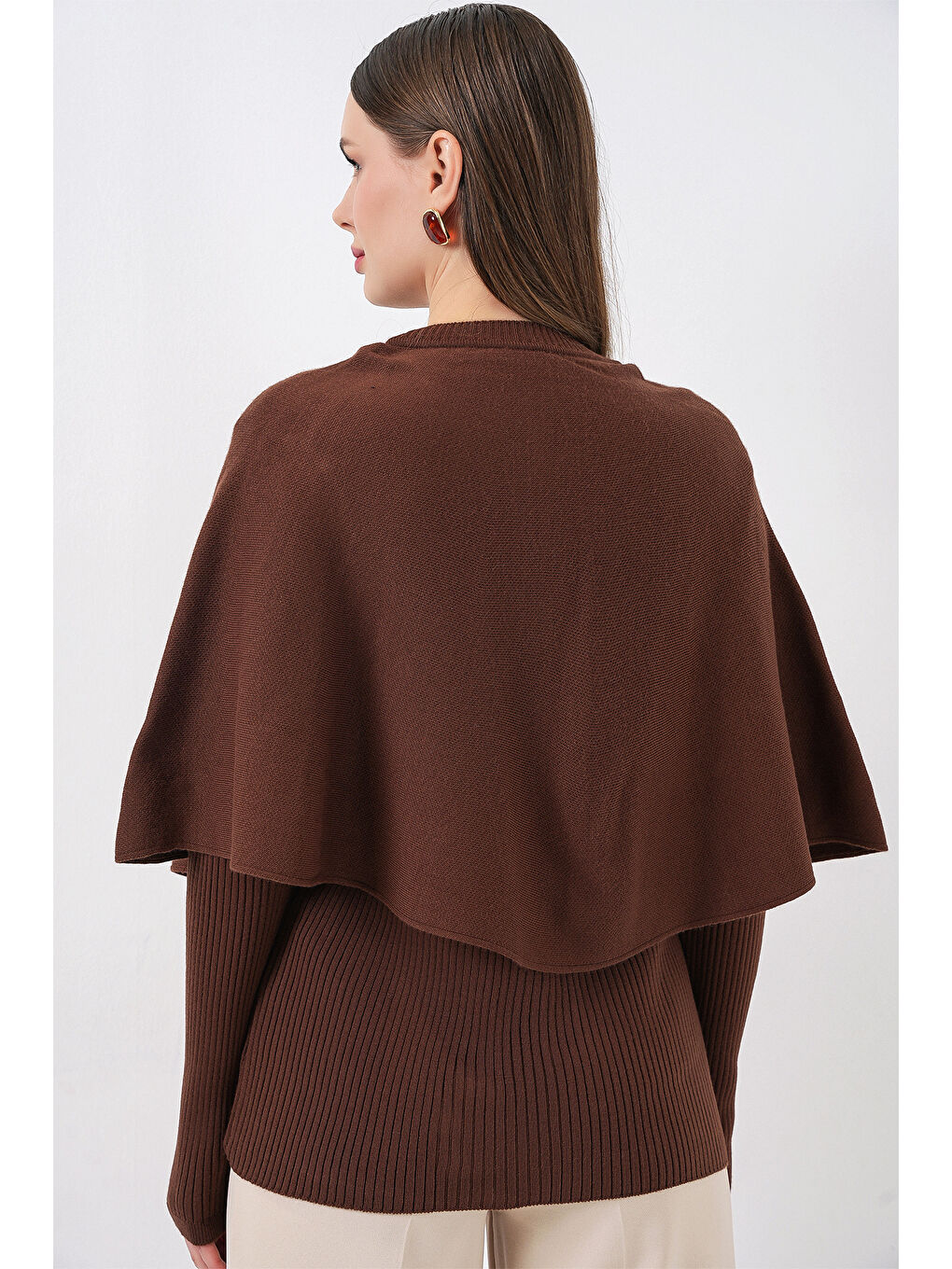 Kadın Pelerinli Triko Hırka 15967 - Kahverengi-6