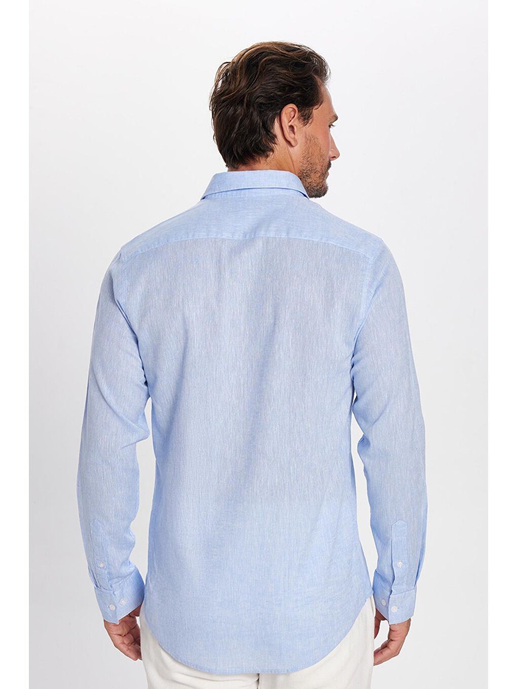 Erkek Slim Fit Dar Kesim Uzun Kollu Keten Premium Seri Düğmeli Yaka Spor Mavi Gömlek-3