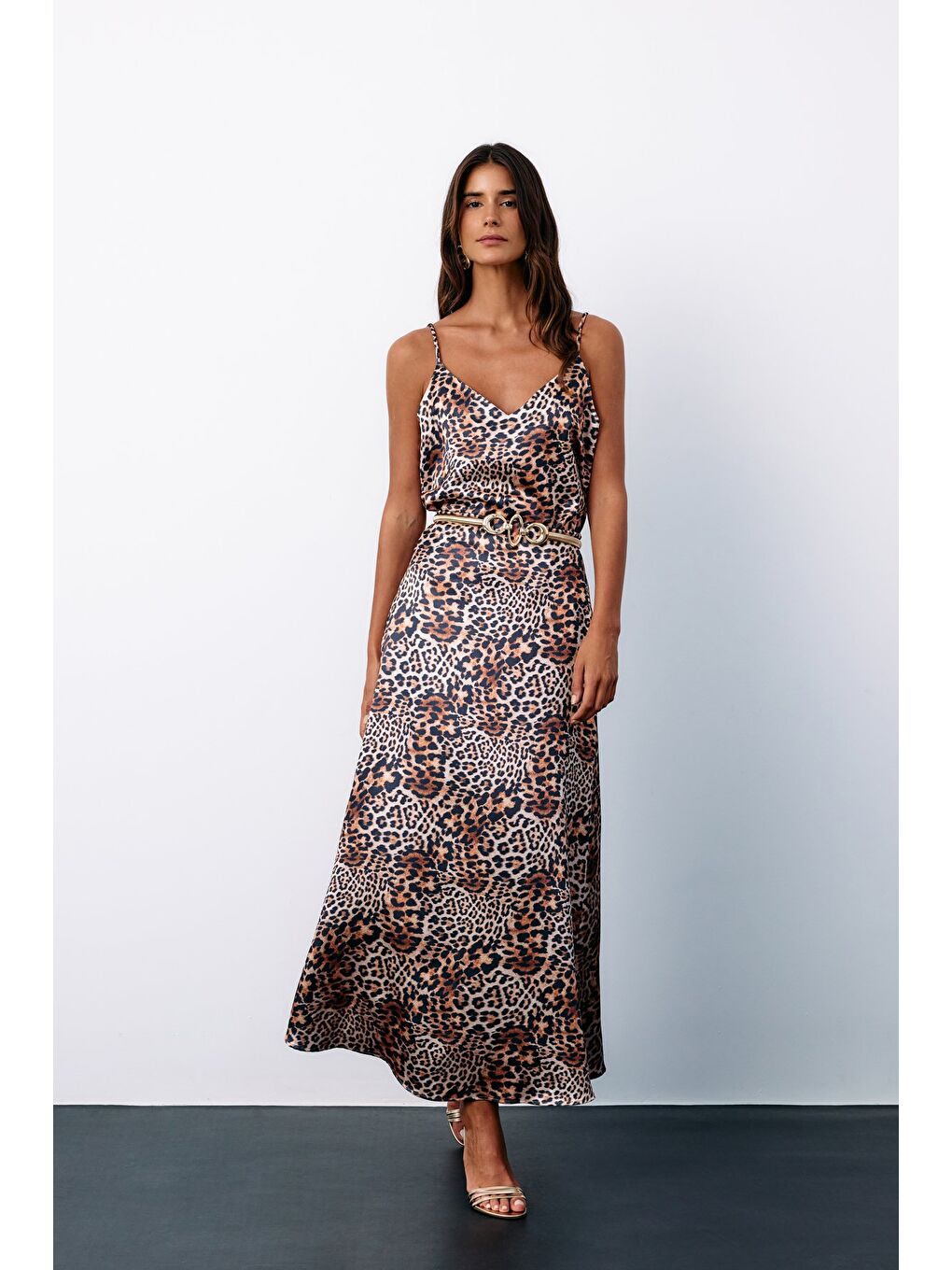 Kahverengi Leopar Desenli Saten Etek - Kahve-1