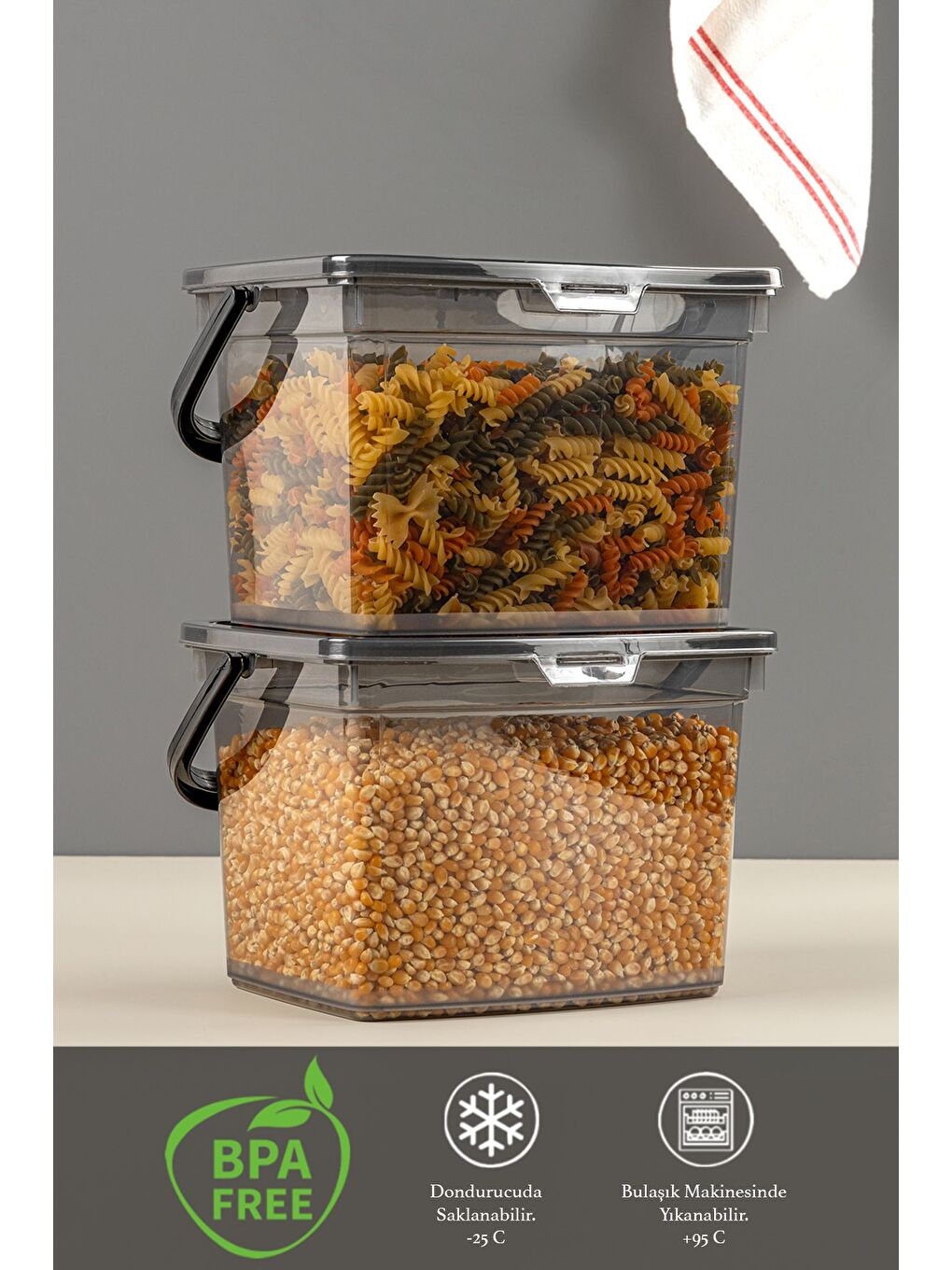 Gri 2 Parça Deterjan   Un ve Bakliyat Saklama Kabı Erzak Saklama Kutusu Platin 2 x 4 Lt-1