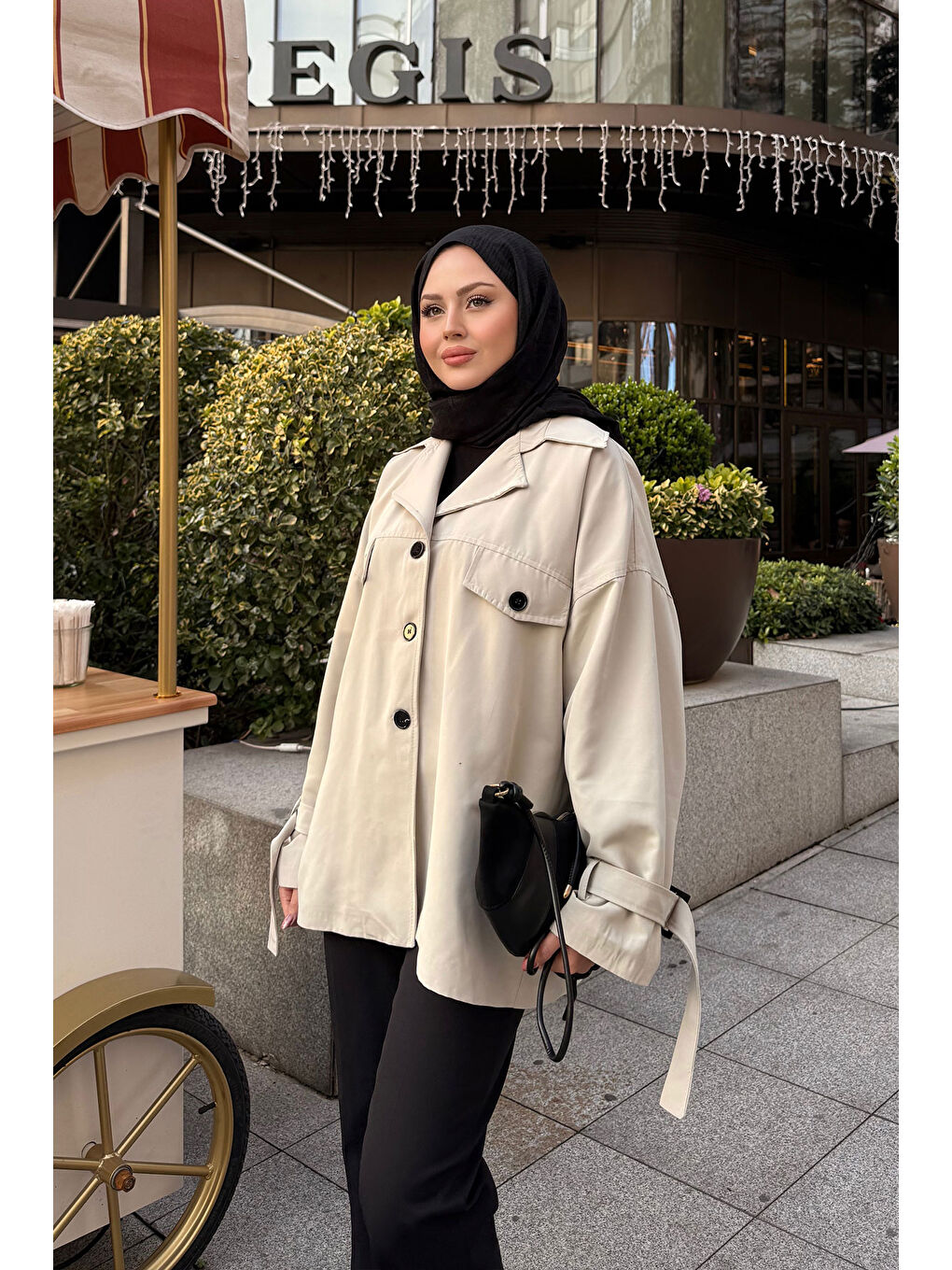 Bej Kadın Kruvaze Yaka Trenç Taş-4