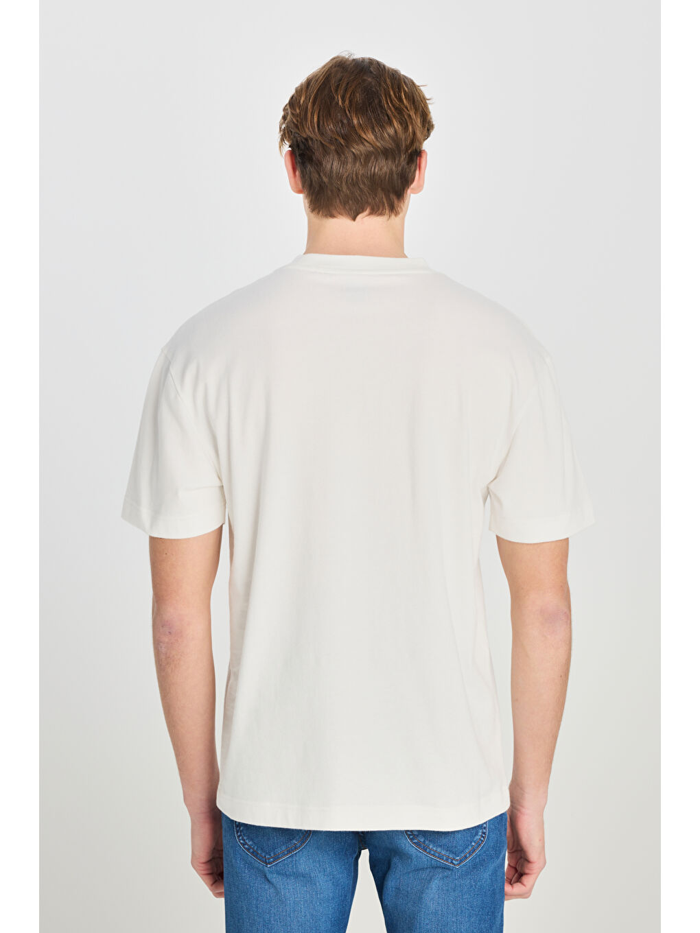 %100 Pamuk Relaxed Fit Geniş Kesim Bisiklet Yaka Baskılı Ekru Tişört-4