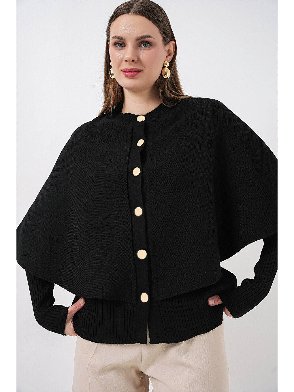 Kadın Pelerinli Triko Hırka 15967 - Siyah-4