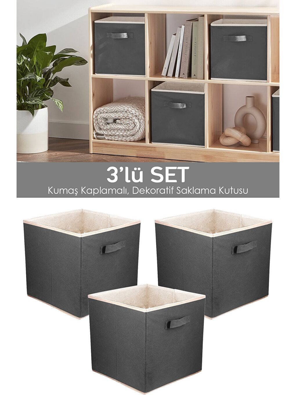 Gri 3 lü Dolap Içi Düzenleyici   Çamaşır Oyuncak Saklama Kutusu Sepet Organizer 33x30x30