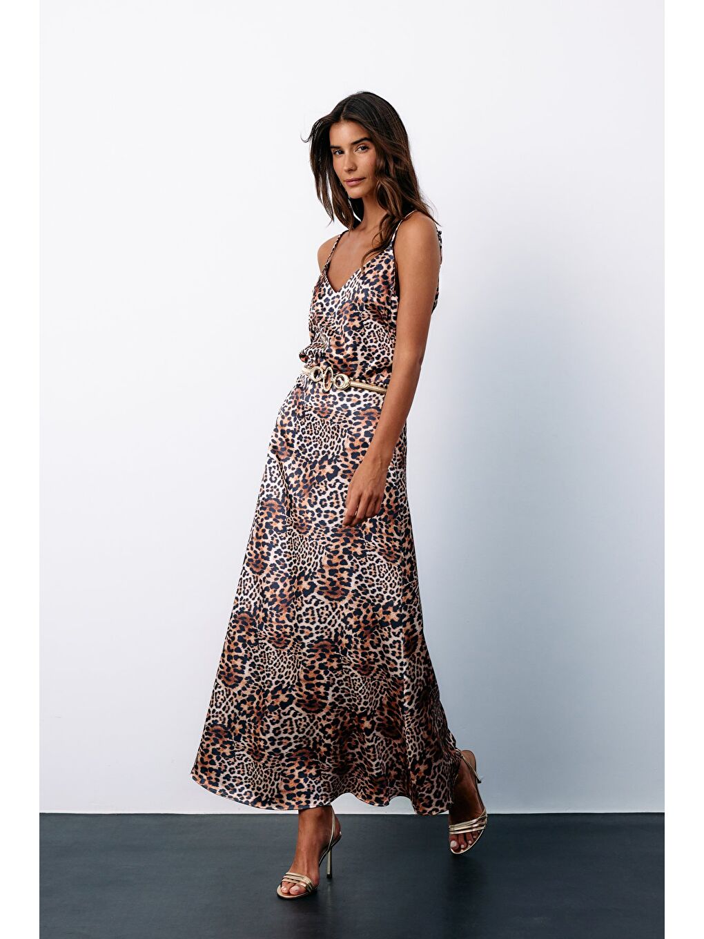 Kahverengi Leopar Desenli Saten Etek - Kahve-3