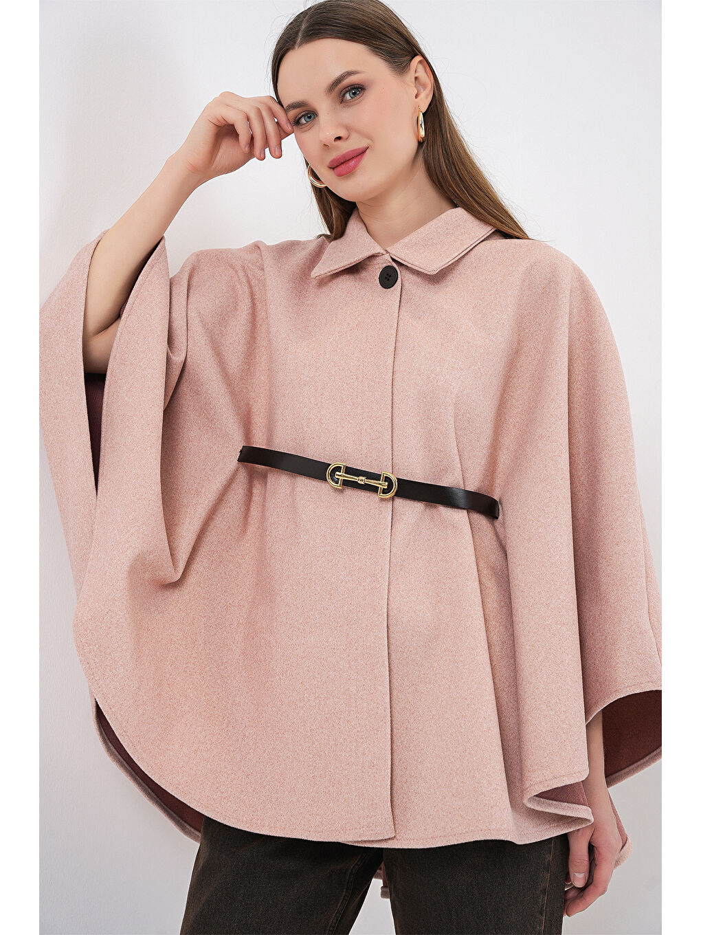 Pembe Kadın Kemerli Kaşe Panço 9170 - Pudra