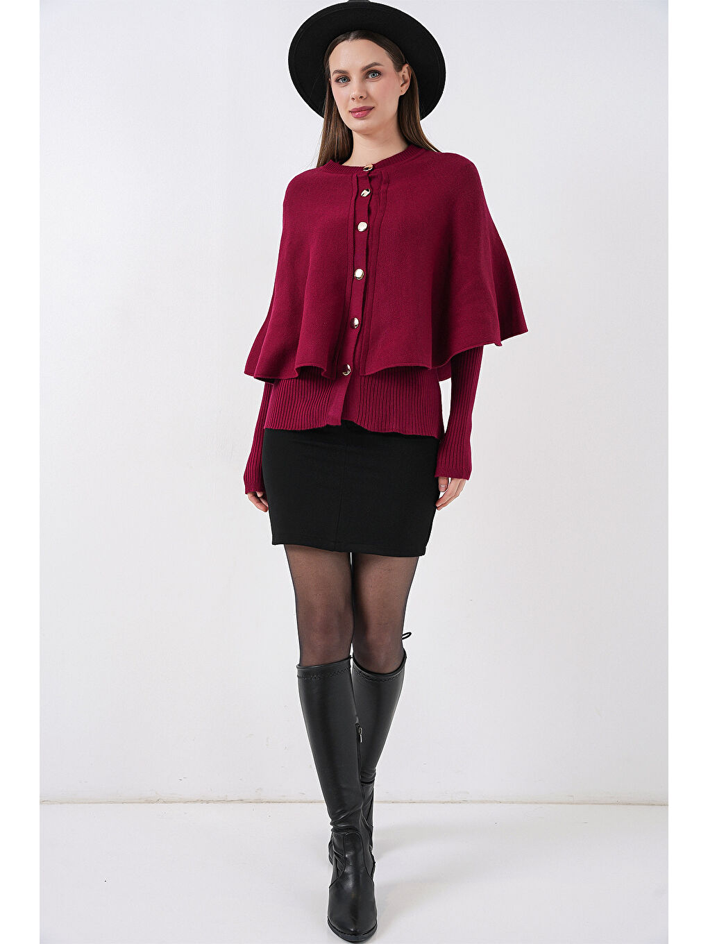 Kadın Pelerinli Triko Hırka 15967 - Bordo-1