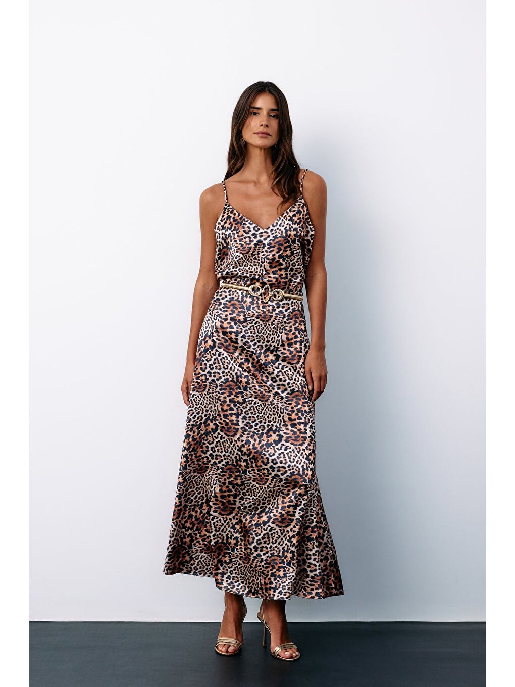 Kahverengi Leopar Desenli Saten Etek - Kahve-4