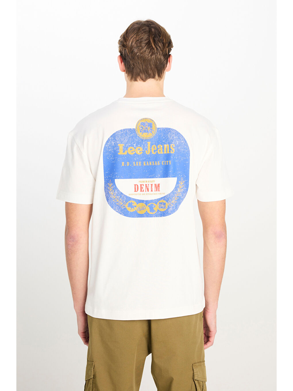 %100 Pamuk Relaxed Fit Geniş Bisiklet Yaka Baskılı Ekru Tişört-5