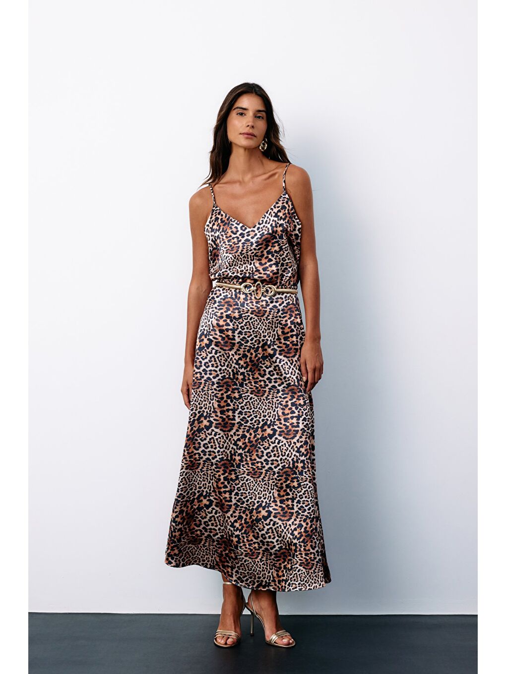 Kahverengi Leopar Desenli Saten Etek - Kahve-5