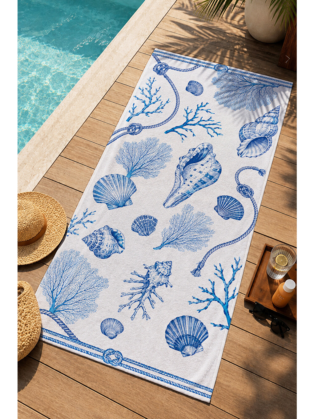 Toile De Jouy Mavi Deniz Kabuğu Ve Mercan Desenli 70x150 Plaj Havlusu - Pamuklu Banyo Havlusu-3