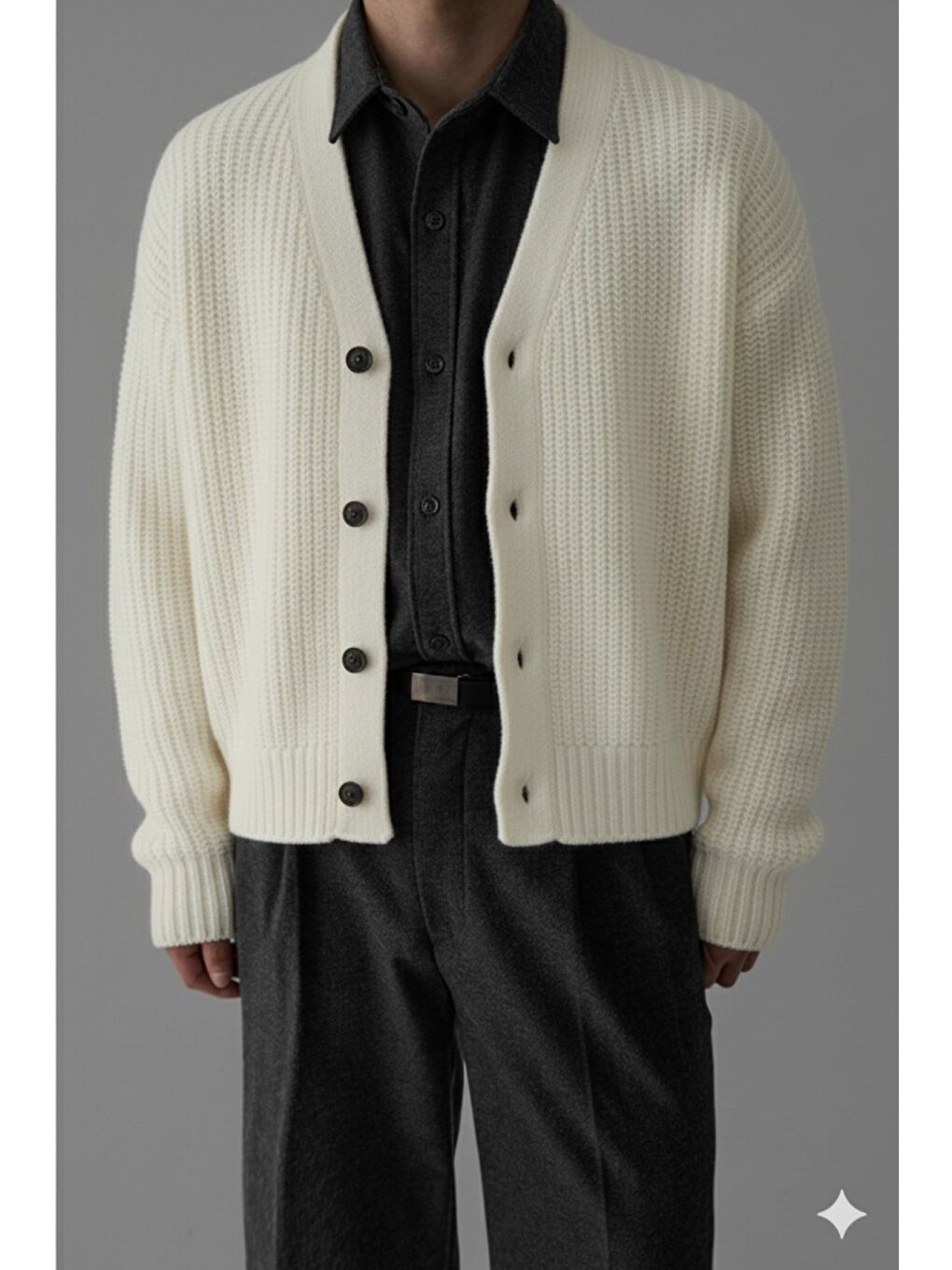 Ekru Erkek Slim Fit Pamuklu Yuvarlak Yaka Düğmeli Hırka