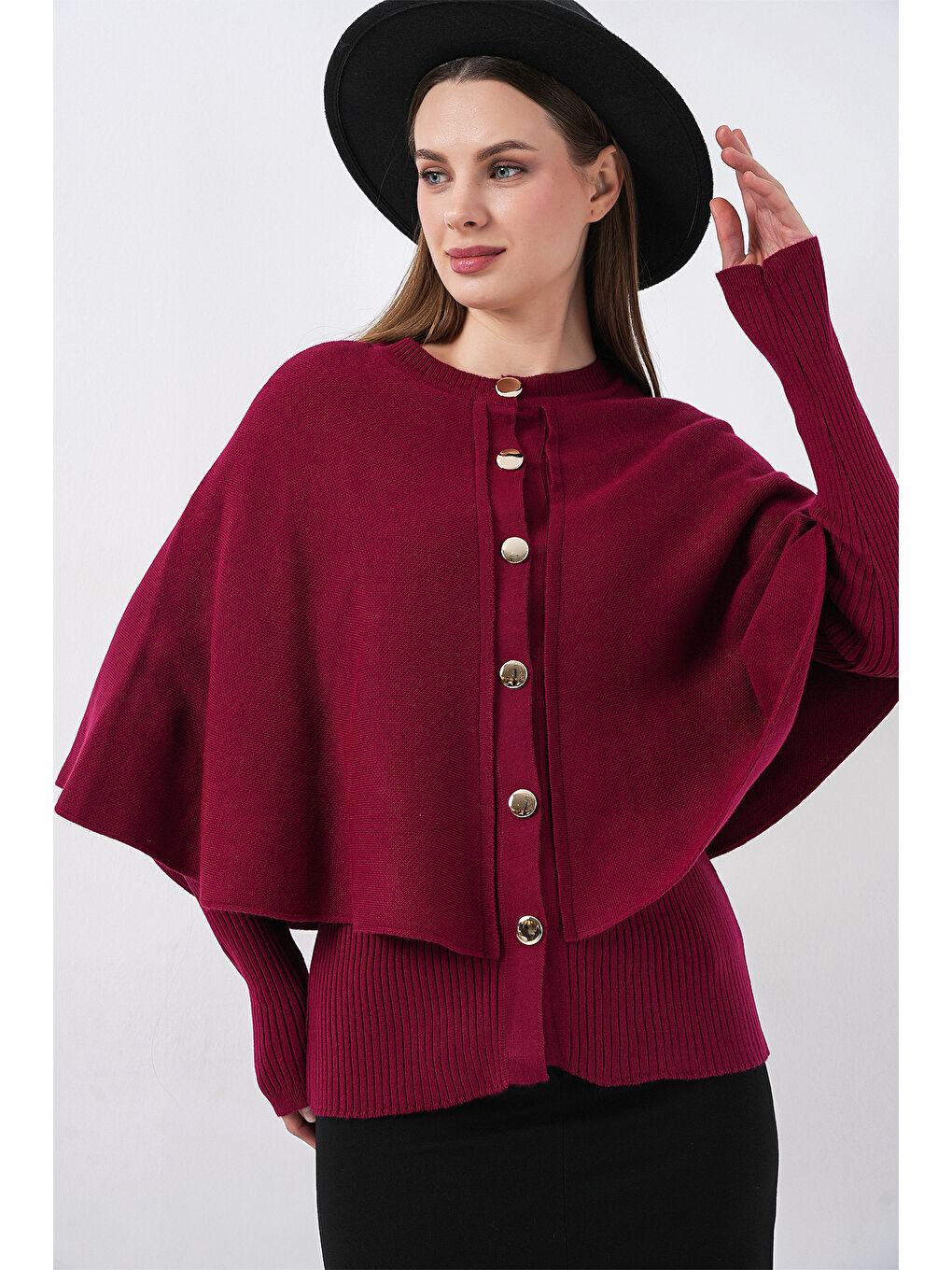 Kadın Pelerinli Triko Hırka 15967 - Bordo-2
