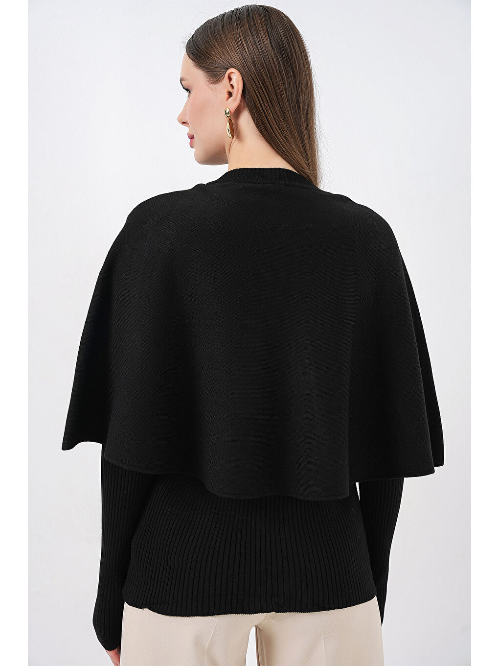 Kadın Pelerinli Triko Hırka 15967 - Siyah-6