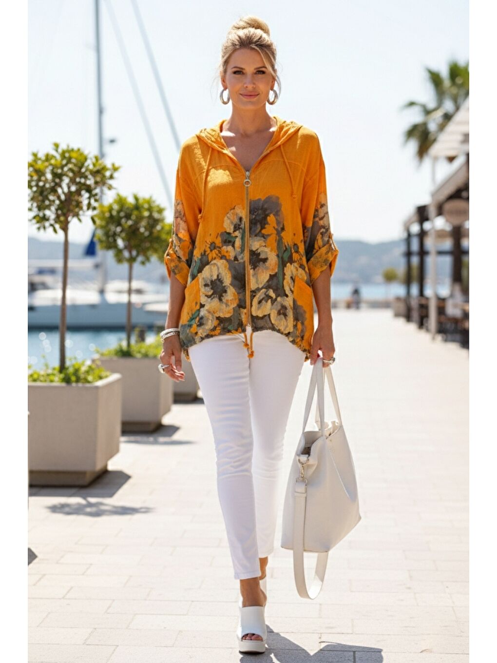 İtalyan Turuncu Düğmeli Uzun Kollu Cepli Kapüşonlu Fermuarlı Baskılı Regular Boy Dokuma Ceket 68 65-4