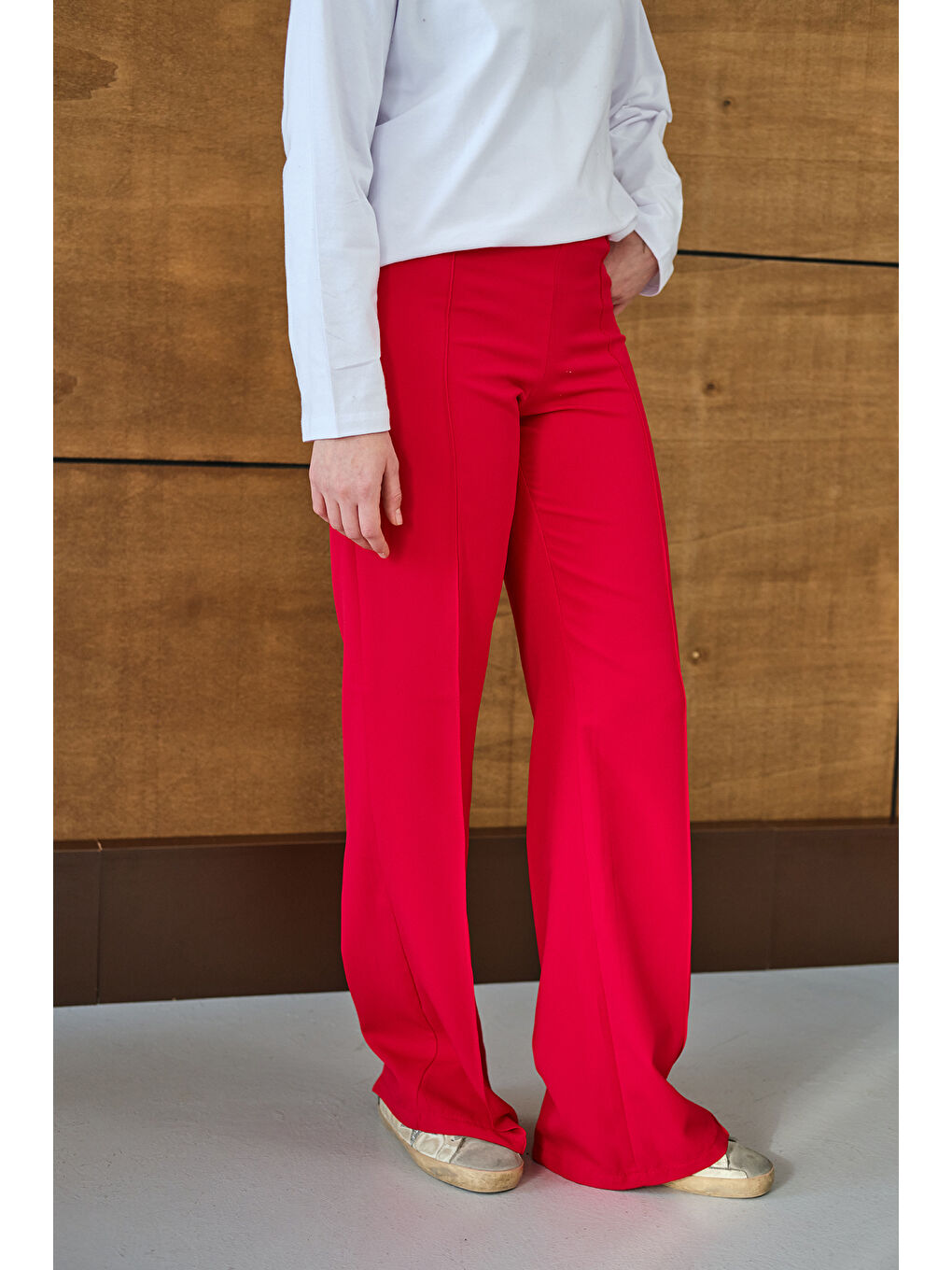Kadın Yandan Çizgili Fermuar Detay Pantolon Kırmızı-1