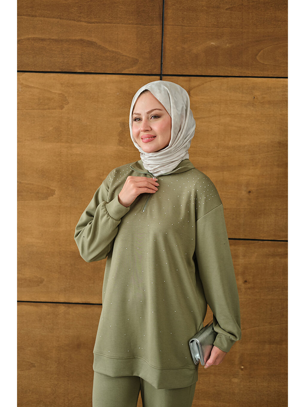 Kadın Yarım Fermuarlı Taşlı Takım Yeşil-1