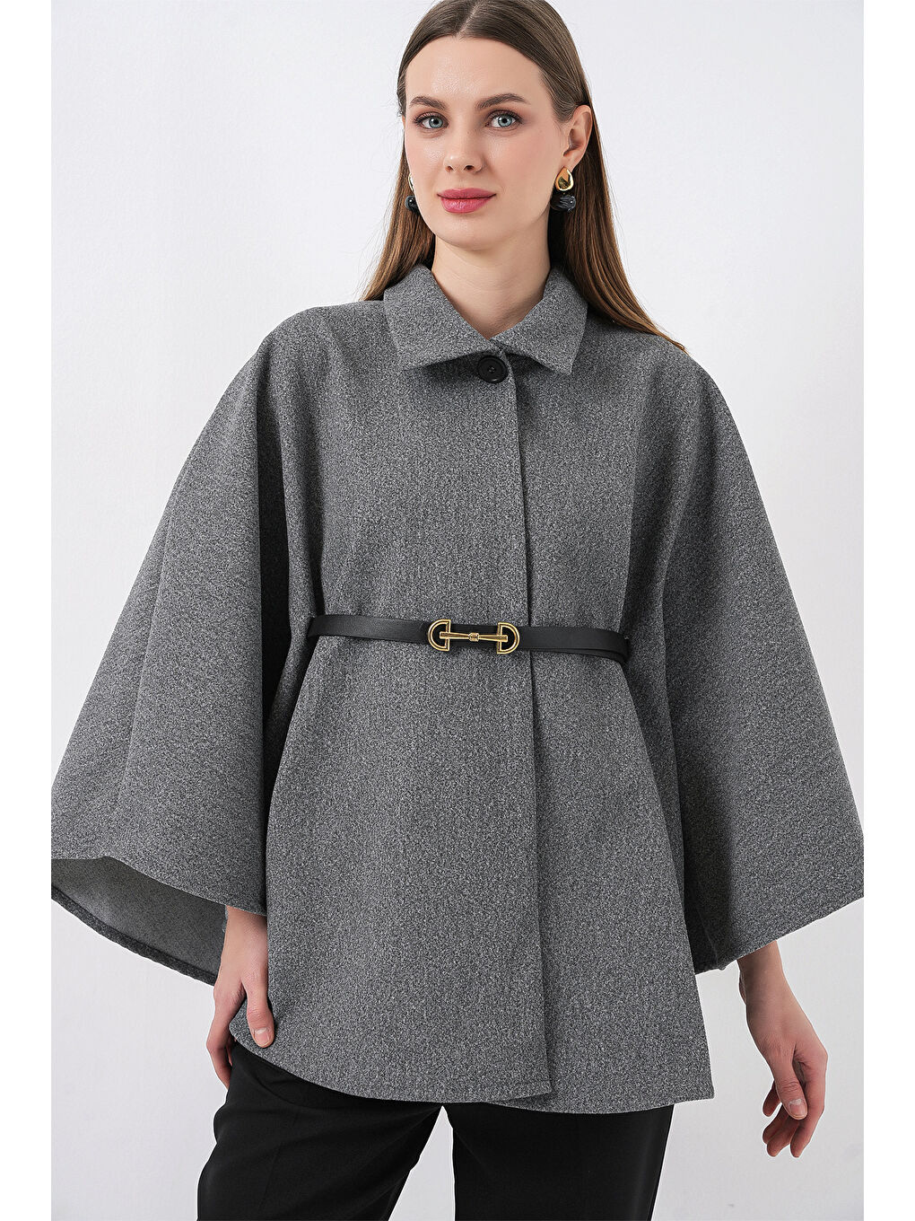 Kadın Kemerli Kaşe Panço 9170 - A.Gri