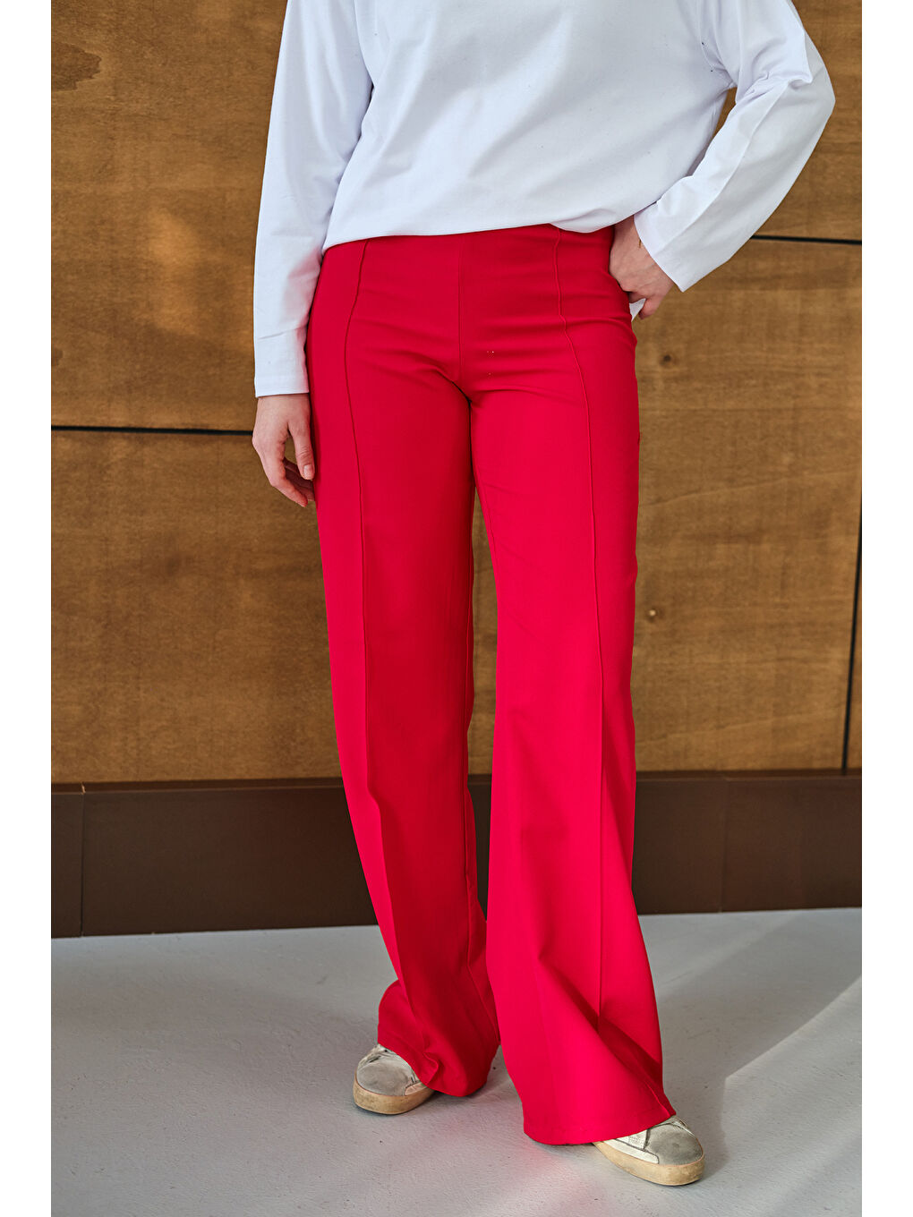 Kadın Yandan Çizgili Fermuar Detay Pantolon Kırmızı-2
