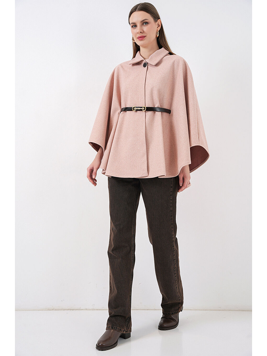 Pembe Kadın Kemerli Kaşe Panço 9170 - Pudra-1